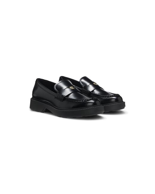 HUGO Black Leather Loafers With Penny Trim And Stacked Logo