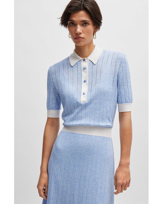 Boss Blue Linen-blend Dress With Button Placket