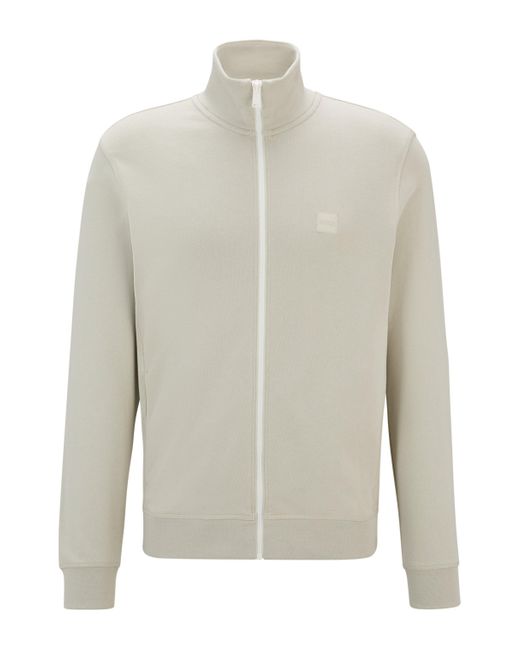 Boss White Cotton-terry Zip-up Jacket With Logo Patch for men