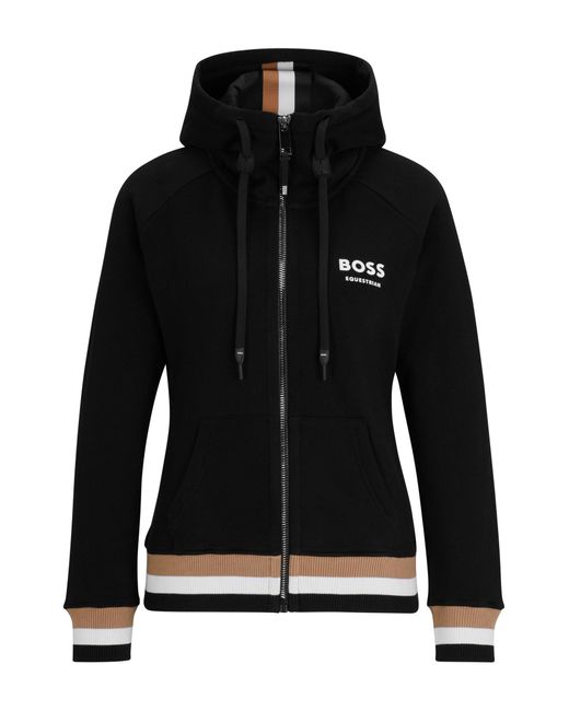 Boss Black Equestrian Cotton Zip-up Hoodie With Signature Stripes