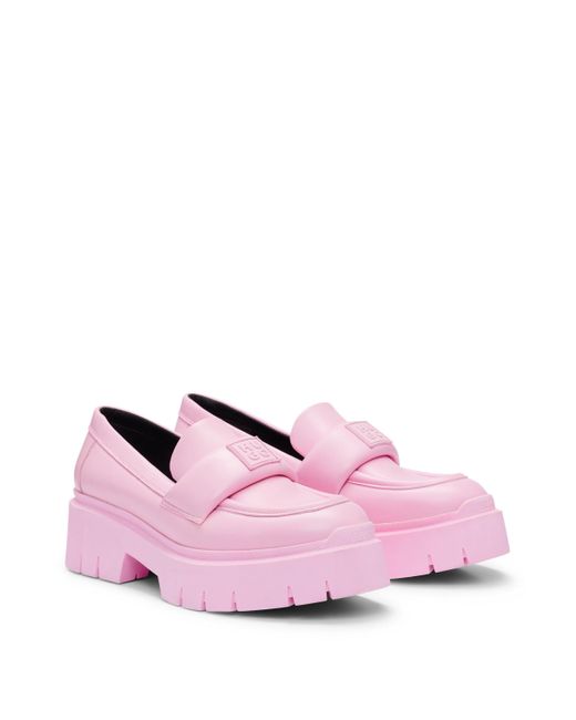 HUGO Pink Loafers aus Leder mit Plateausohle und Logo-Riemen