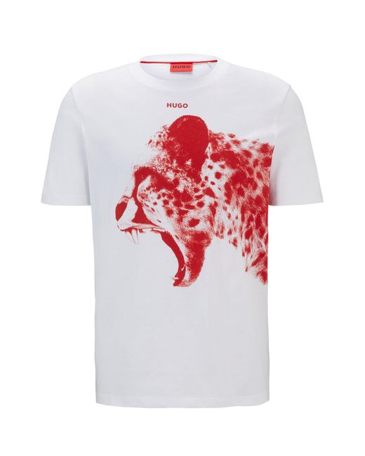 HUGO White Cotton-jersey Regular-fit T-shirt With Animal Graphic for men