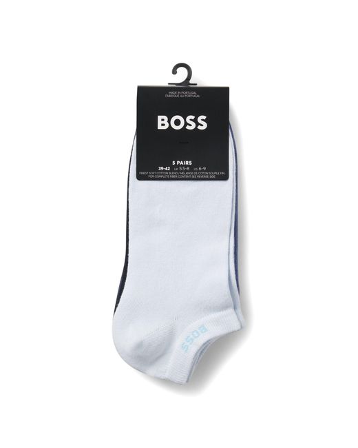 Boss Blue Five-Pack Of Cotton-Blend Ankle Socks With Branding for men