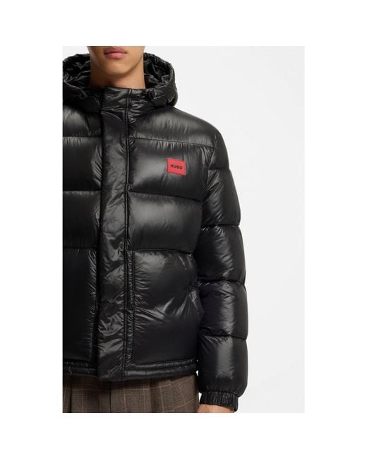 HUGO Black Water-Repellent Hooded Jacket With Logo Patch for men