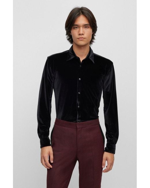 HUGO Black Slim-fit Shirt In Stretch Velvet for men