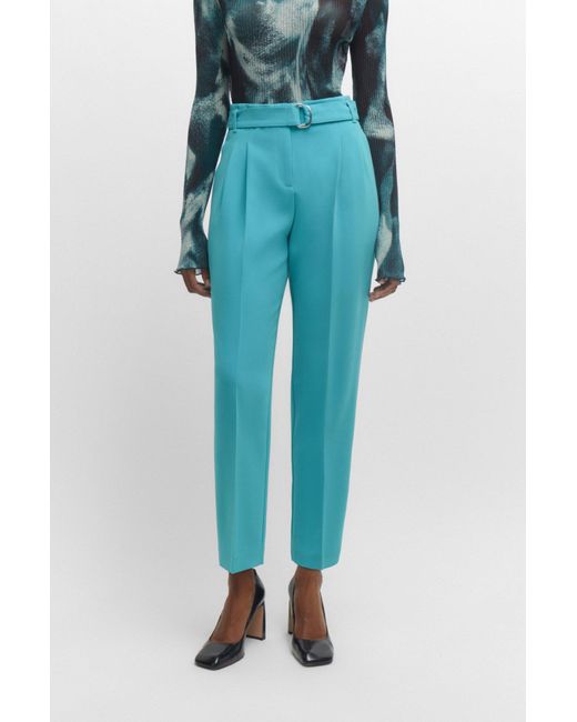 Boss Blue Regular-fit Cropped Trousers In Crease-resistant Crepe