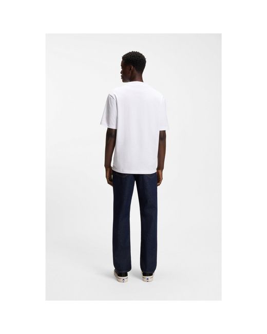 HUGO White Ribbed-Neck Cotton T-Shirt With Logo Badge for men