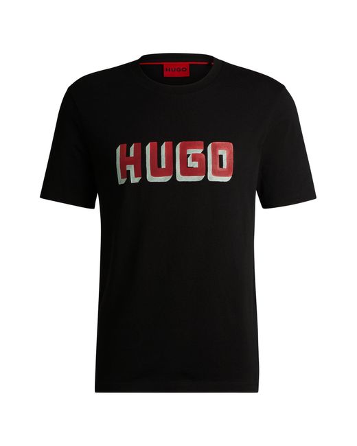 HUGO Black Cotton-jersey T-shirt With Logo Print for men