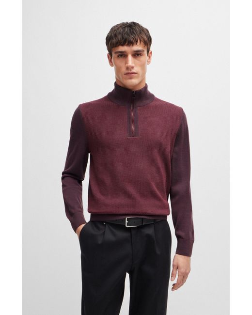 Pull en laine vierge structurée avec encolure zippée Boss pour homme en coloris Purple