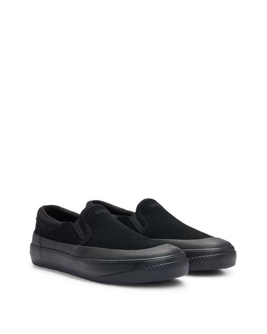 HUGO Black Suede Slip-on Shoes With Signature Slogan for men