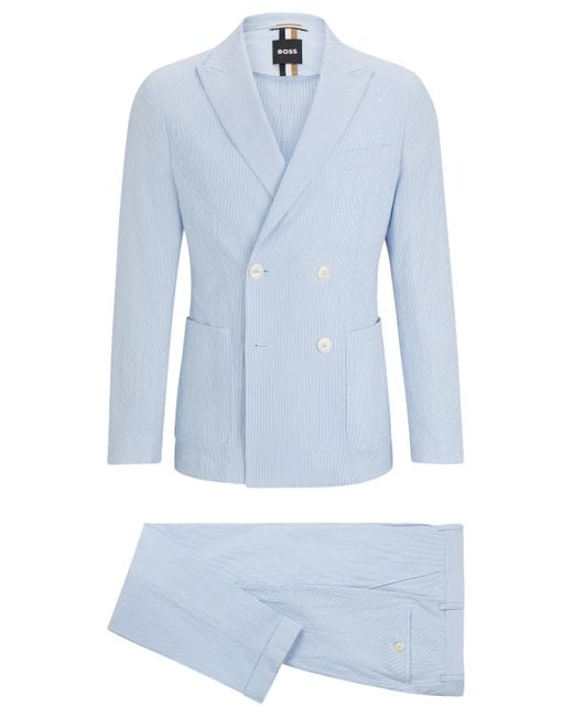 Boss Gestreifter Slim-Fit Anzug aus elastischem Baumwoll-Seersucker in Blue für Herren