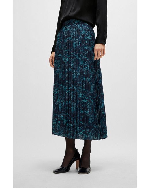Boss Blue A-line Plissé Skirt In Regular Fit With Seasonal Print