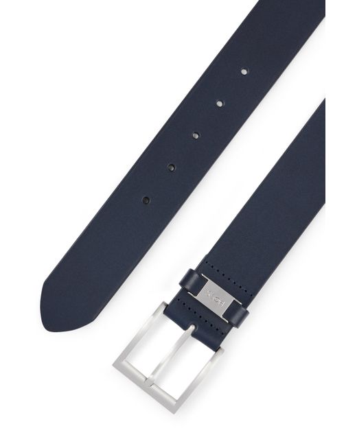 Boss Blue Italian-leather Belt With Logo Keeper And Brushed Hardware for men