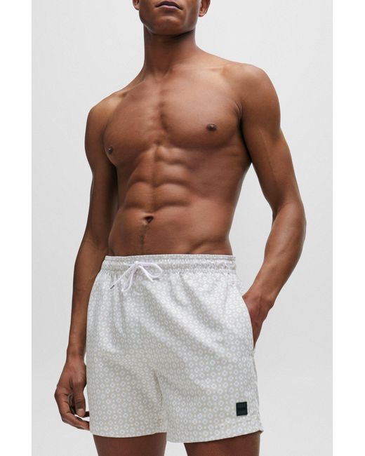 Boss White Micro-print Quick-drying Swim Shorts With Logo Detail for men