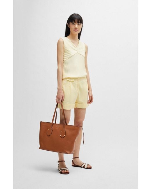 Boss Brown Grained-leather Shopper Bag With Whipstitch Details