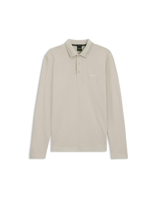 Boss White Long-Sleeved Cotton Piqué Polo Shirt for men