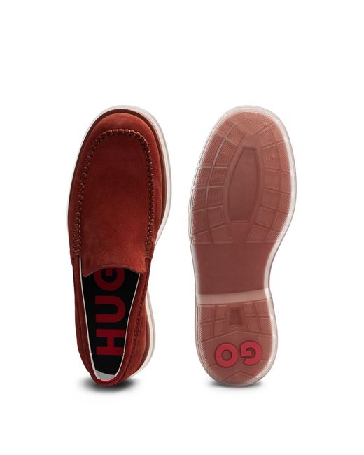 HUGO Red Suede Loafers With Translucent Rubber Sole for men