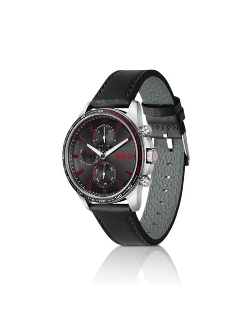 HUGO Black #Drift-Dial Watch With Leather Strap for men
