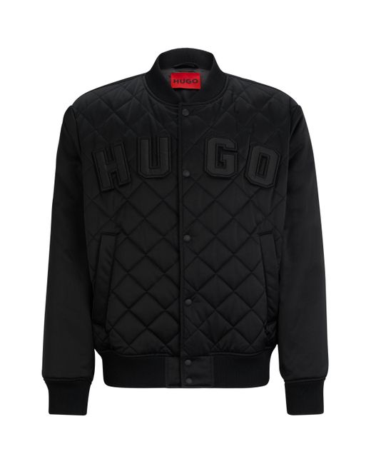 HUGO Black Water-repellent Satin Bomber Jacket With Varsity-style Logo for men
