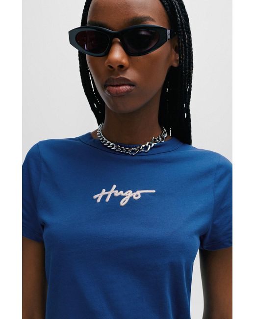 HUGO Blue Cotton-jersey T-shirt With Metallic-effect Handwritten Logo