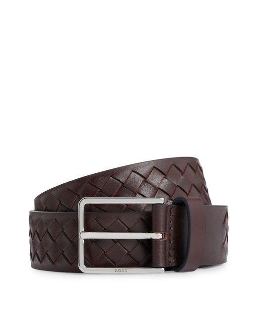 Boss Brown Woven-leather Belt With Logo Buckle In Polished Hardware for men