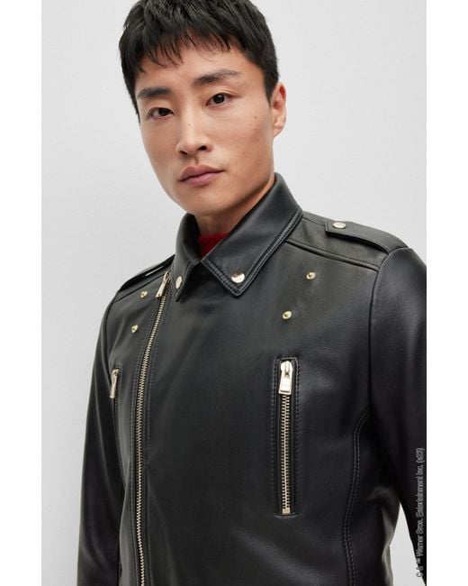 BOSS Looney Tunes X Asymmetric Leather Jacket With Monogram Lining in Black  for Men | Lyst