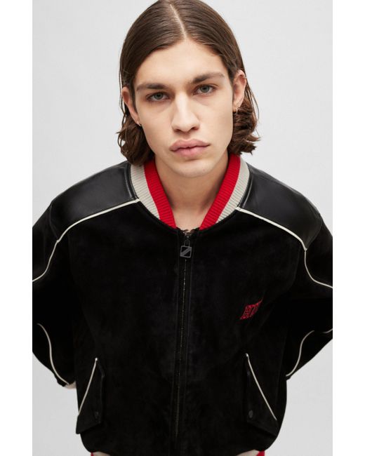 HUGO Black Relaxed-fit Bomber Jacket With Sporty Logos for men
