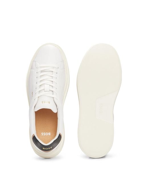 Boss White Lace-up Trainers In Leather With Logo Details