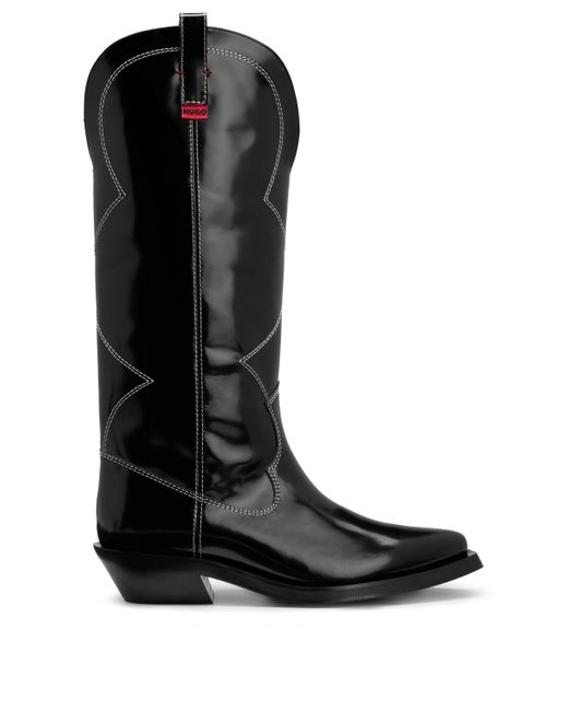 HUGO Black Cowboy Boots In High-shine Leather