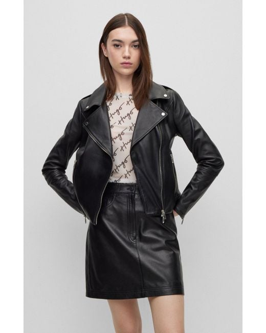 BOSS Leather Regular-fit Biker Jacket With Asymmetric Zip in Black | Lyst