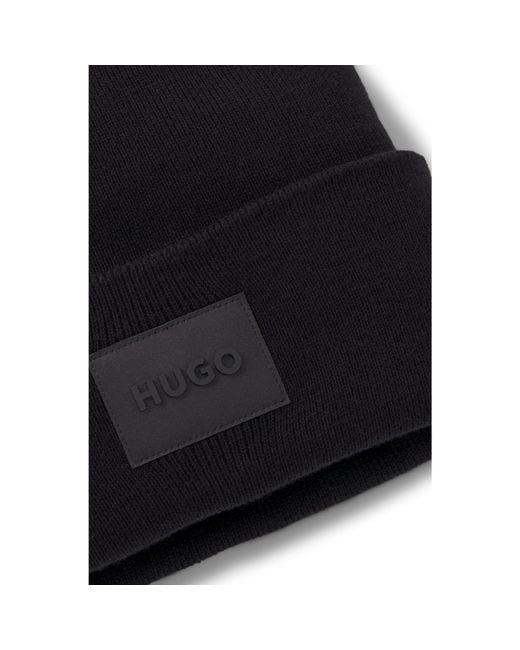HUGO Black Cotton Beanie Hat With Logo Label for men