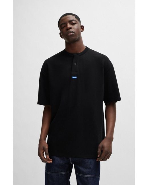 HUGO Black Cotton-blend Loose-fit T-shirt With Henley Neckline for men