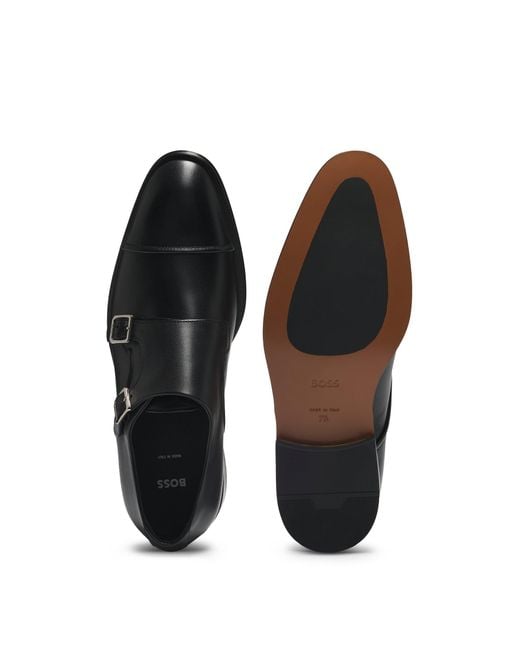Boss Black Cap-toe Double Monk Shoes In Leather for men