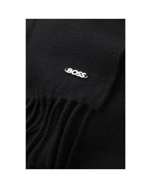 Boss Black Wool Woven Scarf With Logo Rivet