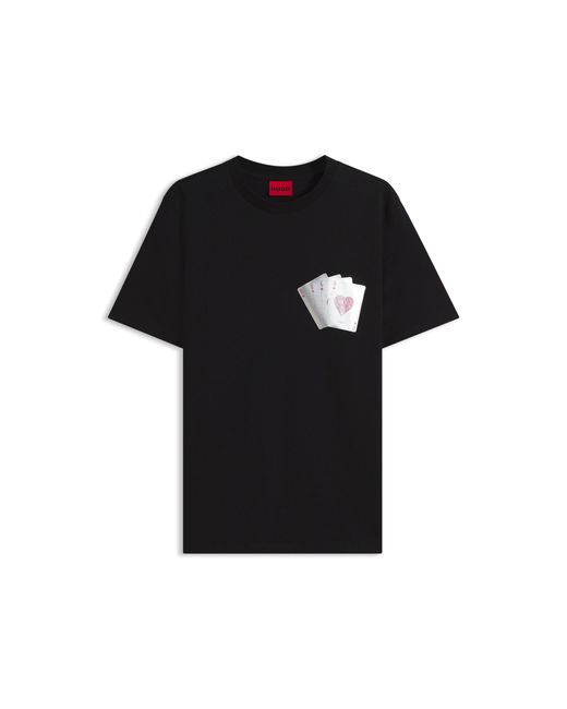 HUGO Black Cotton T-Shirt With Playing Card Foil Graphic for men
