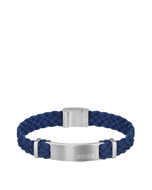 Boss Blue-suede Braided Cuff With Logo Plate for men