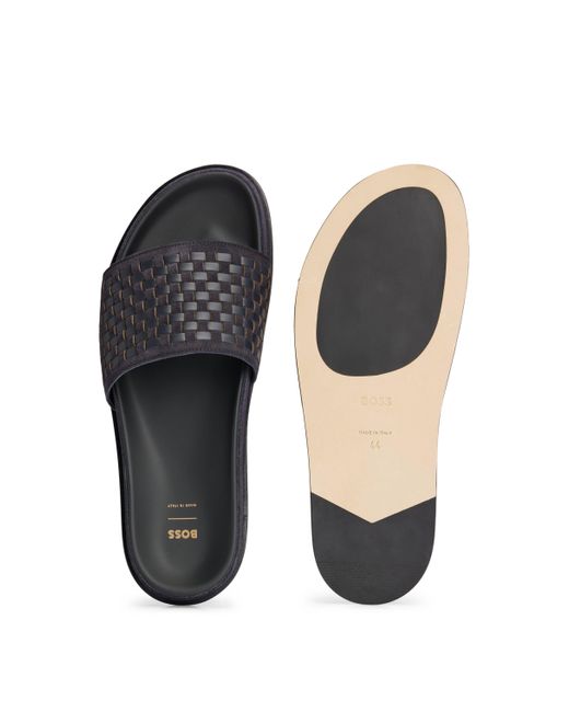 Boss Black Mixed-leather Slides With Woven Upper Strap for men