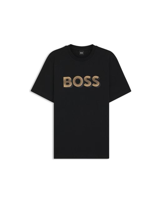 Boss Black Mercerised-Cotton T-Shirt With Logo Artwork for men