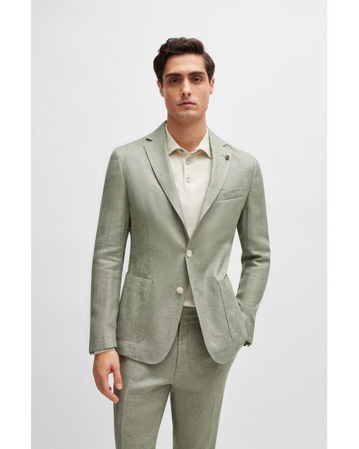 Boss Multicolor Slim-fit Jacket In A Micro-patterned Linen Blend for men
