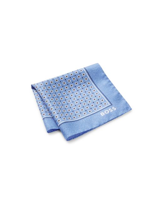 Boss Blue One Silk Pocket Square With Digital Print And Logo for men