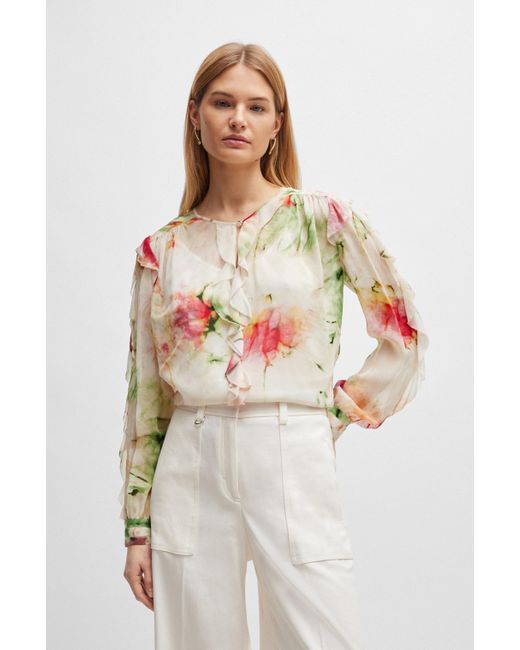 Boss White Bedruckte Bluse aus Krepp in Knitter-Optik mit Rüschen-Details