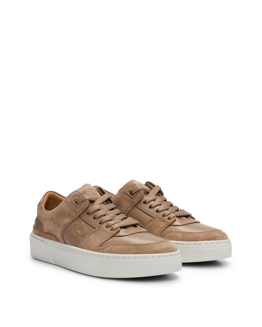 Boss Brown Leather Lace-up Trainers With Suede Trims