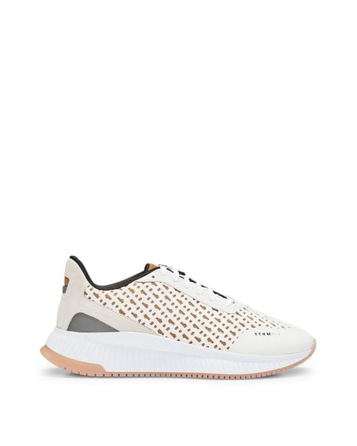 Boss White Ttnm Evo Monogram-mesh Lace-up Trainers With Suede Trims for men