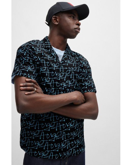 HUGO Black Relaxed-fit Short-sleeved Shirt With Seasonal Print for men