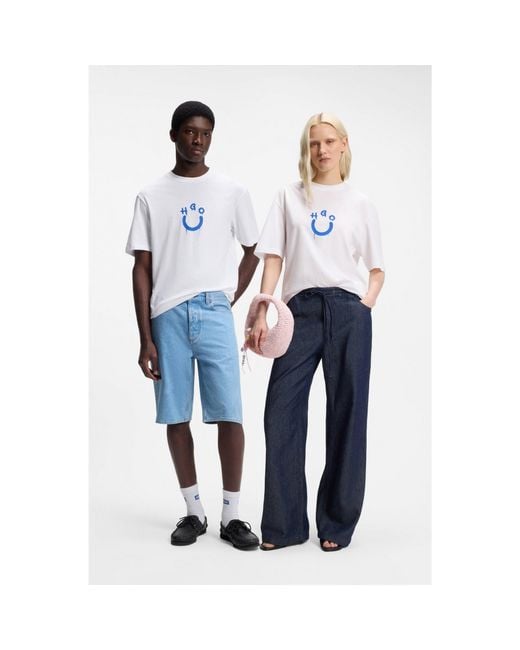 HUGO White Cotton-Jersey T-Shirt With Happy Logo for men