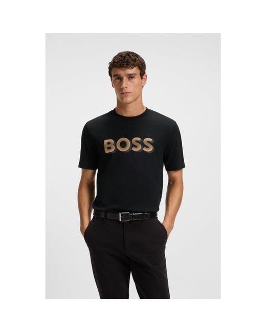 Boss Black Mercerised-Cotton T-Shirt With Logo Artwork for men