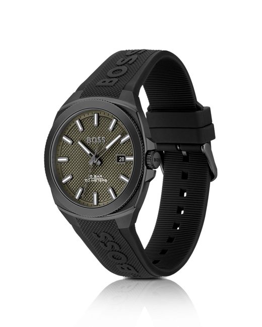 Boss Black Silicone-logo-strap Watch With Olive Guilloché Dial for men