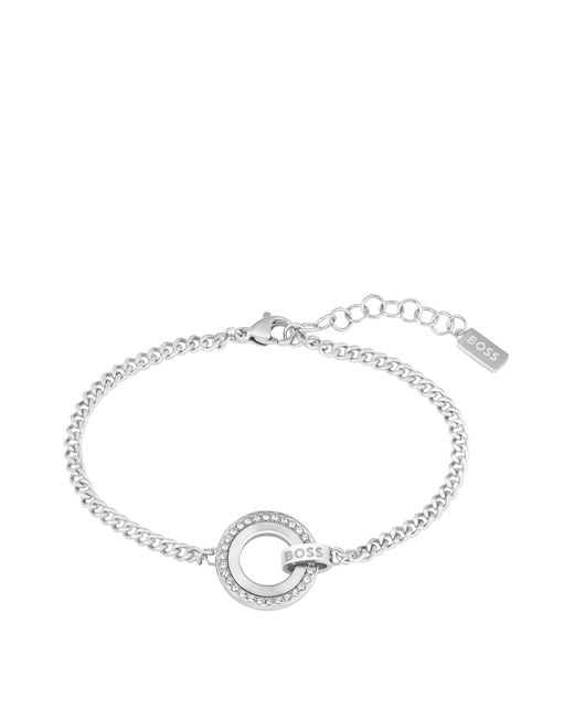 Boss White Chain Bracelet With Crystal Ring And Branded Link