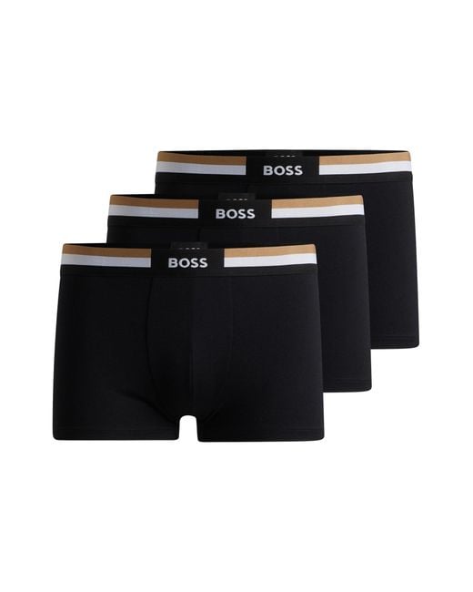 Boss Black Three-pack Of Cotton-blend Trunks With Signature Waistbands for men