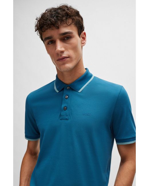 Boss Blue Cotton-piqu Polo Shirt With Logo Detail for men